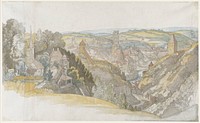 three sheets of irregular size joined together vertically--large sheet at right, small strip attached at left side of largest sheet and another slightly larger strip attached to left side of small strip; view from hillside down to a village in a valley, with a church at left with steeple and cathedral at center beyond water; primarily greys, greens, pale blue, orange and yellow. Original from the Minneapolis Institute of Art.