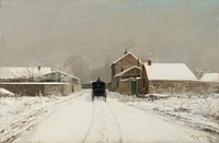 winter day with grey sky; view of the back of a black coach, with coachman's head and upper body visible, driving down a snow-covered street with wheel and horse's tracks in the snow; buildings at left and right side of street. Original from the Minneapolis Institute of Art.