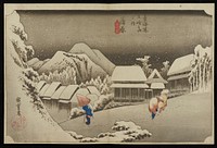 three travelers trudging through snow, wearing straw hats, cloaks; snow-covered buildings, trees, and mountains in middle ground; tree covered in snow at L. Original from the Minneapolis Institute of Art.