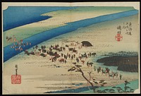aerial scene; large procession crossing marshy banks and channel of a river. Original from the Minneapolis Institute of Art.