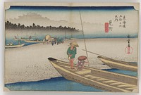 two attendants resting in a low, wide boat, one is seated supporting himself with a long pole, the other is standing and smoking a pipe; another parked boat to the R; several other boats are approaching the opposite shore of the sandbar with travelers disembarking. Original from the Minneapolis Institute of Art.