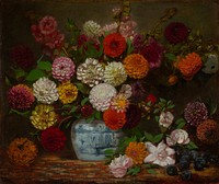 large bouquet of flowers--mostly dahlias--in white, pink, orange and red, in a blue and white round jar; more flowers and plums in LRC by Eugène Delacroix. Original from the Minneapolis Institute of Art.