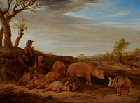 two men at left--one standing man wearing a hat holding a staff, looking down to PR, and seated gesturing man with short beard; small group of pigs of various colors and sizes to right of men at center bottom; figure and dog in middle ground at right; two horse pulling a covered wagon right of center in middle ground; expansive landscape behind figures with clouds in sky. Original from the Minneapolis Institute of Art.