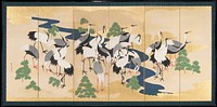 Six paneled screen depicting images of a flock of cranes; gilded background with river running diagonally across image behind flock; small, scattered bushes in throughout; untranslated characters in panel sixth from the right in LLQ. Original from the Minneapolis Institute of Art.