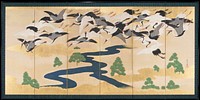 Six paneled folding screen depicting flock of flying cranes in a golden sky with gilded clouds; winding river across lower middle of image; eight pine trees line lower landscape; untranslated characters in black ink in LRC; red stamp in LRC. Original from the Minneapolis Institute of Art.