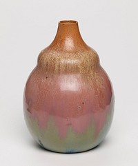 rounded body with bulbous element at top with short tapering spout; green body with vertical streaks of blue; pink below shoulder fading into mottled dark and golden browns and tan on bulbous element and spout. Original from the Minneapolis Institute of Art.