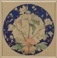 round design for a small dinner plate; dark blue around edge with pinkish-red flower at bottom center with leaves on either side; stems with leaves and white flowers extending up from bottom center flower; smaller randomly placed red and blue buds around edges. Original from the Minneapolis Institute of Art.