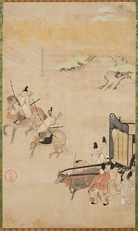 Two men riding horseback holding longbows and arrows at L; men alongside an ox pulling a carriage LR; tree and wall at top with gold cloud band. Original from the Minneapolis Institute of Art.