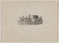carriage drawn by two horses with rider on horse on PL; man with walking stick seated inside carriage; carriage has "T.B." on door; spotted dog running alongside horses; church steeple in background. Original from the Minneapolis Institute of Art.