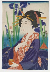 Portrait of a woman holding a small yellow spoon in PR hand and orange pot with yellow interior in PL hand; woman wears purple striped kimono with small white flowers inside circles and orange underkimono with starburst design; very large, slightly abstracted purple flowers with leaves and stems in two shades of green behind woman. Original from the Minneapolis Institute of Art.