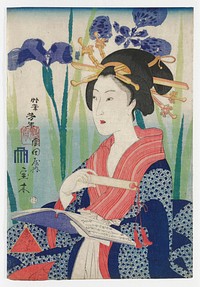 Portrait of a woman holding a tan bookmark-like object in front of her chest in her PR hand, with a large round hole in right side with a pair of red tassels hanging from it, and a book with a purple cover in her PL hand; woman wears dark blue kimono with light blue circular pattern, with red striped collar; woman's hair ornaments have bird and leaf designs; very large, slightly abstracted purple flowers with leaves and stems in two shades of green behind woman. Original from the Minneapolis Institute of Art.