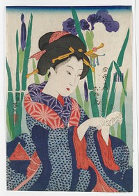 Portrait of a woman holding the wings of an origami crane in her hands; woman wears dark blue kimono with light blue circular pattern, with red and purple patterned collars; very large, slightly abstracted purple flowers with leaves and stems in two shades of green behind woman. Original from the Minneapolis Institute of Art.