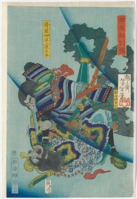 Two men fighting underwater (?); man on bottom has bulging eyes and open mouth, with long hair and beard, wearing a robe with purple flowers; man on top has rounded hairstyle with wears multicolored armor; rock with round openings in background at right. Original from the Minneapolis Institute of Art.