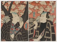 triptych with two attached sheets, one separate sheet; three men in black coats with gray patterns against pink sky with white blossoms; each of the men has blue and red tattoos poking out from under robes. Original from the Minneapolis Institute of Art.