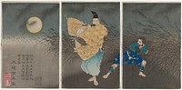 Three separate sheets; man wearing tan kimono with white and orange flowers, light blue pants and black hat at center, playing a black and brown flute; crouching man wearing blue, turquoise and grey, reaching for his sword, at right; silhouettes of grasses blowing in wind behind figures; orange-yellow moon at left; grey clouds. Original from the Minneapolis Institute of Art.