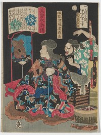 seated man wearing black robe with dragon design with red lining; man looks over his PR shoulder into a mirror, which reflects his face as a brown rat's face with black eye; man in turquoise robe with white flowers at right, with both arms up and mouth open, brows furrowed. Original from the Minneapolis Institute of Art.