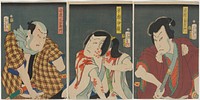 three separate sheets; three portraits of men against grey ground; left: man with small ponytail, looking down toward PL, wearing a brown, yellow and black plaid kimono, with a blue cloth around his neck; center: man with ponytail, head tilted, wearing light blue and white garment, white blood on his shoulders, cheek, hands and arm, holding a green sword; right: man with small ponytail, wearing a brown kimono with white flowers on shoulders and green trim, his PR hand on a blue sword handle. Original from the Minneapolis Institute of Art.