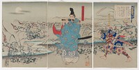 Three separate sheets; flowers in grey-blue, red and yellow around a stream; man at center wearing black cap and blue kimono with white birds, playing a black flute; crouching man at right with sword, wearing blue kimono with light blue and yellow flowers; moon and two horizontal grey clouds, ULC. Original from the Minneapolis Institute of Art.