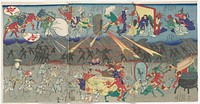 Three sheets pasted together; three horizontal sections with gods at top, including human figures at right with caricature faces, green and blue demon-like figures at center, creating yellow and red rays; pair of anthropomorphic rabbits pouring out water, and other blue-, green- and red-skinned figures in ULC; central grey area with silhouettes of figures fighting with spears and guns; bottom horizontal section with white demons at left with weapons threatening caricatures at center seated around a table with a yellow patterned tablecloth; demons climbing into a cauldron in LRC. Original from the Minneapolis Institute of Art.