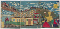 Three separate sheets; miniature railroad with women and men in European dress inside car behind locomotive; women and men in LRC; couple at left beneath a walkway, with a view of boats and water behind them; yellow, brown and blue brick wall in middle ground, with figures in Asian dress and horses walking and standing by railings along top of colorful brick wall. Original from the Minneapolis Institute of Art.