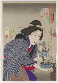 woman holding a blue and white spot of small plants in each hand, bending slightly forward; woman wears brown, white and blue striped kimono with black trim; branches with white floral blooms in URQ, with burning lamp at right center. Original from the Minneapolis Institute of Art.