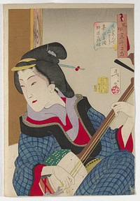 Woman looking over her PR shoulder, playing a shamisen; woman wears a blue checked kimono with black trim and red undergarment with purple and white collar. Original from the Minneapolis Institute of Art.