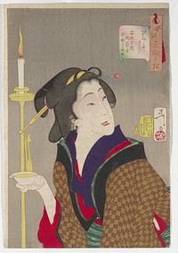 woman looking up over her PL shoulder, holding a cup with yellow liquid in her PR hand; woman wears a brown and khaki kimono with square pattern, with black collar and red undergarment with purple collar; green and white obi; yellow stand with burning candle at left. Original from the Minneapolis Institute of Art.