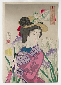 Woman with white and purple irises behind her; woman wears Western dress, with a straw hat with black feathers and white flowers, pink and purple dress with purple and white plaid collar and large black buttons and blue tie at neckline; woman holds a Western style pink parasol with black handle and purple tassel with red bead. Original from the Minneapolis Institute of Art.