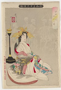 Seated woman wearing headdress with yellow bird and white kimono with pattern of figures on back, lined with red print; burning yellow and black lantern at left; grey ground with pale silhouettes of large and small skeletons. Original from the Minneapolis Institute of Art.