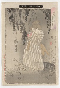 standing woman with her head bent, with her hands beneath her sleeves drawn up to her face; woman wears kimono with grey and white checks and pink lining, and brown obi; grey and black branches and leaves above woman; semicircle of bricks behind her on ground. Original from the Minneapolis Institute of Art.