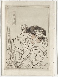 ink drawing with pale peach highlights; head and upper body of a man on the diagonal, holding sword to left with both hands; man wears a white headband. Original from the Minneapolis Institute of Art.