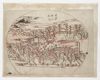 drawing in black and red for a fan; view of tiered landscape; man trees; long stairway at left; waterfall at center bottom; covered walkways; figures throughout; Mount Fuji in ULC. Original from the Minneapolis Institute of Art.