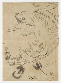 Jumping fish, in a backwards C shape; sea foliage above and behind tail and at top right edge; a few broad brushstrokes at bottom; face of fish reworked on back of sheet; unsigned. Original from the Minneapolis Institute of Art.