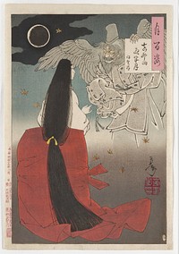 One sheet; standing woman seen from back with head turned in profile to PR, wearing white blouse and red-orange skirt, with very long hair tied with yellow cord; flying demon with grey wings, grey hat, grey beard and hair and blue lips in URC, wearing grey flowered garment; some flying autumn leaves; ring of moon, ULC. Original from the Minneapolis Institute of Art.