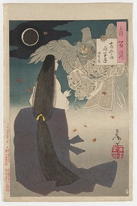 one sheet; standing woman seen from back with head turned in profile to PR, wearing white blouse and purple skirt, with very long hair tied with yellow cord; flying demon with grey wings, grey hat, grey beard and hair and blue lips in URC, wearing grey flowered garment; some flying autumn leaves; ring of moon, ULC. Original from the Minneapolis Institute of Art.
