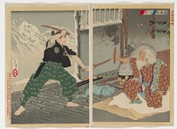 two sheets; scene inside building in mountains, with snowy landscape visible outside open door at left; older kneeling man at right with long white hair and white beard, wearing brown kimono with white circles, holding a small piece of wood defensively in his PR hand; younger man at left with two short swords, wearing short black jacket and green pants with white patterning. Original from the Minneapolis Institute of Art.