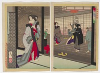 Two separate sheets; woman at left wearing grey and blue striped kimono with red garment underneath and holding a folded cloth in her mouth, looking over her PR shoulder; woman at right wearing black hood and garments, looking at a man in blue stripes; another woman holding up a drunk man behind first woman; woman in grey and purple stripes at left edge of right image. Original from the Minneapolis Institute of Art.