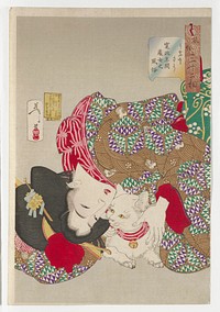 Reclining woman, lying on her side curled into a ball, with her lower body outside of picture plane, with a white cat with yellow eyes curled up next to her; cat wears a red and pink collar with a yellow bell; woman wears a kimono with brown, white, green and purple triangle and arcing patterns with birds, red cuffs and green, white and yellow obi with abstract scrolls and flowers. Original from the Minneapolis Institute of Art.