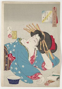 Head and upper body of reclining woman, with her PL hand behind her head, face upturned, eyes closed and tongue sticking out slightly, with her PR arm in front of her; woman wearing blue kimono with bird patterns in white, pink and red undergarment and brown, yellow, grey and blue obi with flower band; blue and white bowl in LLC, papers and brown box and small papers (?) in LRC. Original from the Minneapolis Institute of Art.