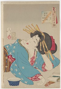 head and upper body of reclining woman, with her PL hand behind her head, face upturned, eyes closed and tongue sticking out slightly, with her PR arm in front of her; woman wearing blue kimono with bird patterns in white, pink and red undergarment and brown, yellow, grey and blue obi with flower band; blue and white bowl in LLC, papers and brown box and small papers (?) in LRC; vertical line of text in brown in left margin. Original from the Minneapolis Institute of Art.