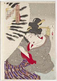 Woman with body twisted into an S shape, with her head leaning in, holding a white umbrella with black and yellow painterly lines, standing in the falling snow; woman wears grey kimono with light grey spots, with red and white collar and cuffs; striped garment on her lower body in grey, purple and brown with yellow and red vines and leaves. Original from the Minneapolis Institute of Art.