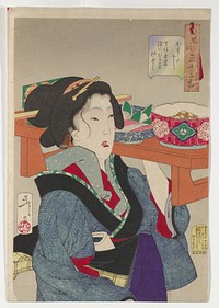 woman holding a large tray with bowls and plates of food over her PL shoulder; woman wears a blue checked kimono with black trim and collars of blue with white dots, red, and green with white flowers. Original from the Minneapolis Institute of Art.