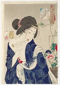 Woman chewing on a piece of fraying bamboo, cleaning her teeth, looking down toward PL, with strands of hair falling out of her updo and her garment slipping off her PL shoulder; woman wears a dark blue kimono with light blue patterning in star shapes; blue and red morning glories at right. Original from the Minneapolis Institute of Art.