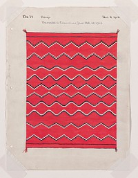 depiction of red textile with blue and white zigzagging horizontal lines, creating diamond pattern. Original from the Minneapolis Institute of Art.