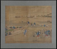 Many women, men and children on beach at right, some standing and some digging in sand with their hands and staffs; boat in foreground at left, with a man carrying a woman in blue piggyback out of boat; more boats in middle ground near horizon line; low mountains at right; mounted on foamcore board with grey silk edging. Original from the Minneapolis Institute of Art.