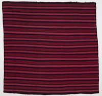 wool panel with navy, light red, dark red and brown stripes approximately 5/8" in width with thin blue and brown stripes alternating; embroidered border with tiny pink and white diamond shapes around outer edge on all four sides. Original from the Minneapolis Institute of Art.