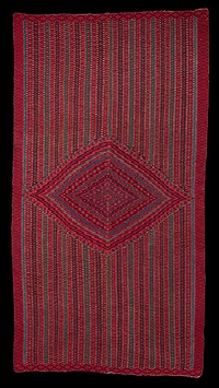large diamond shape at C with zigzagging stripes inside filled with bright geometric patterns; horizontal zigzagging bands with multi-colored geometric designs in background; intricately decorated borders; overall mauve, blue, black, green palette. Original from the Minneapolis Institute of Art.