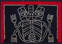 stylized frog-like figure outlined in buttons against navy blue background; red border; figure has three-pronged head, and is seated upright, with arms to side, displaying its belly; stylized ribcage pattern and embellished stomach decoration; in plexi shadowbox. Original from the Minneapolis Institute of Art.