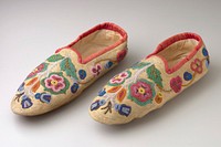 slipper-style without fasteners; floral motif beadwork on tops and sides in multicolored and metallic beads; red cloth around foot openings; lined with white cloth. Original from the Minneapolis Institute of Art.