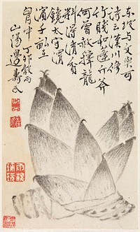 2 large bamboo shoots, one diagonally from UL to LR corners, other behind, on a slight diagonal to opposite corners. Original from the Minneapolis Institute of Art.